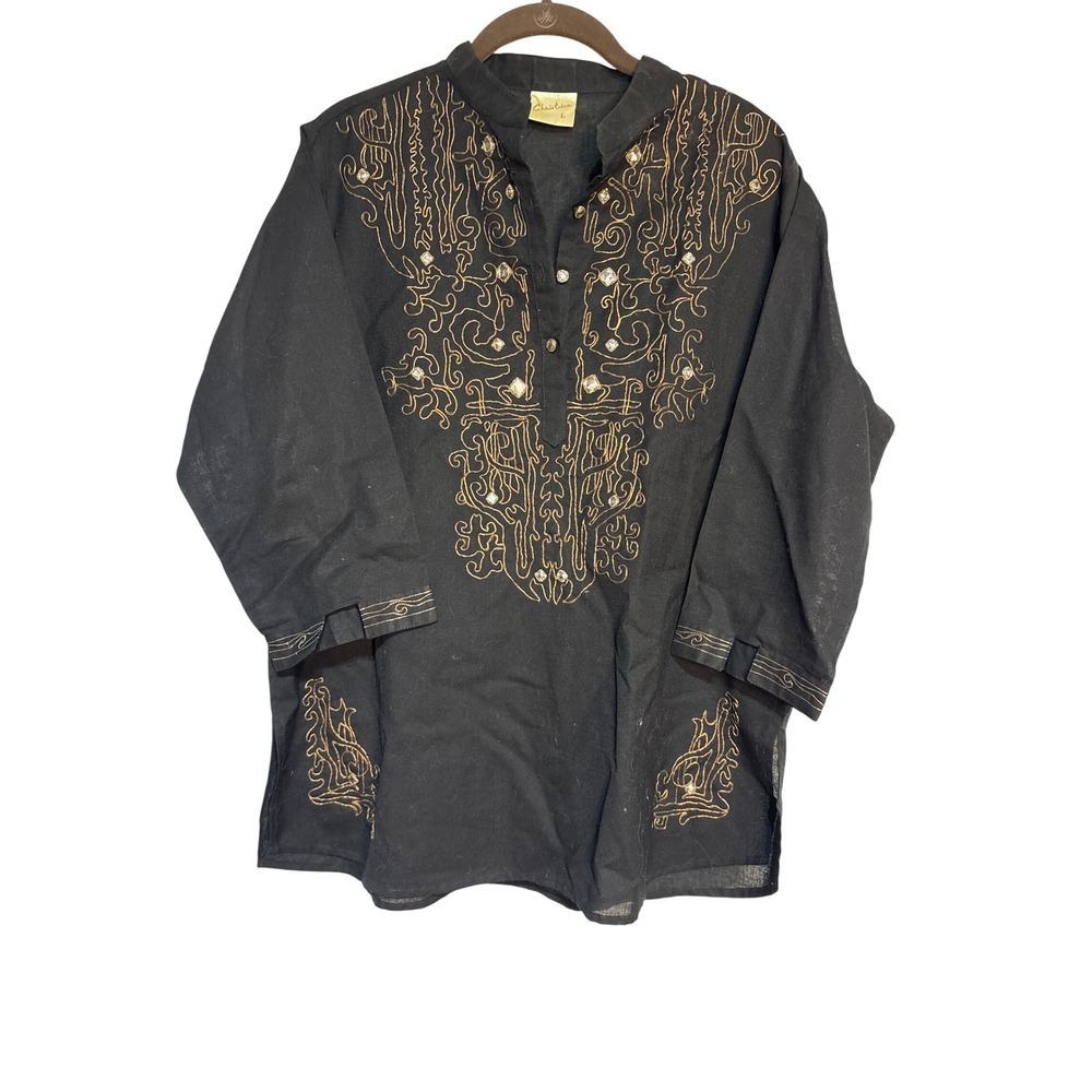 Black Embellished Tunic Top Long Sleeve Blouse Womens Sz L‎ Boho Festival